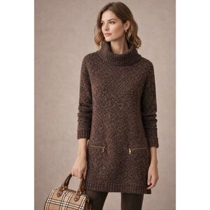 Burberry Brit Brown Marled Knit Tunic Sweater Cowl Neck Zip Pockets Size P